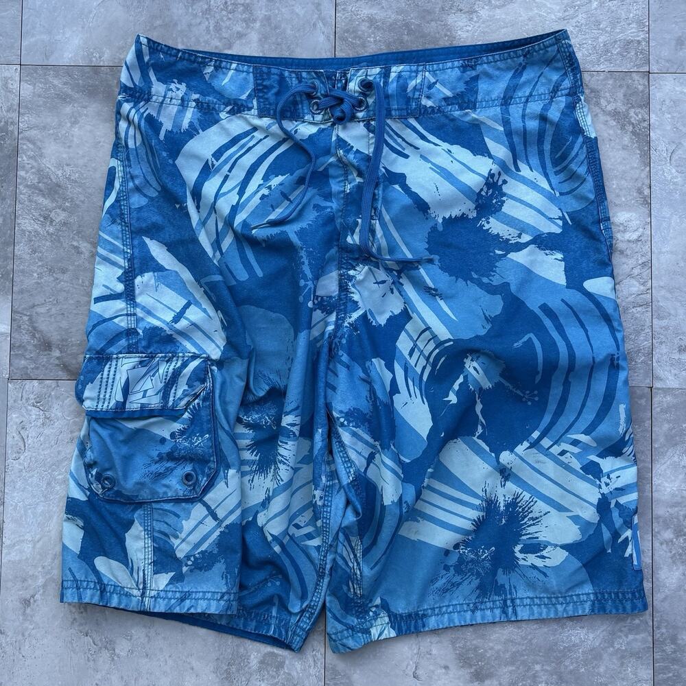 Vintage Y2K Gotcha Floral Board Shorts Blue AOP Cargo Swim Trunks Size 34
